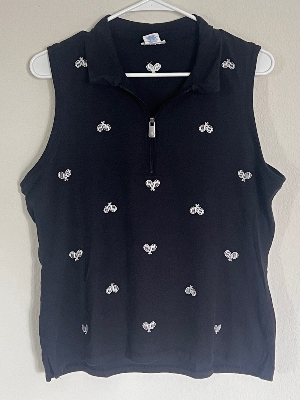 Sigrid Olsen Black Tennis Pickleball  Embroidered Sleeveless Polo Tank Top